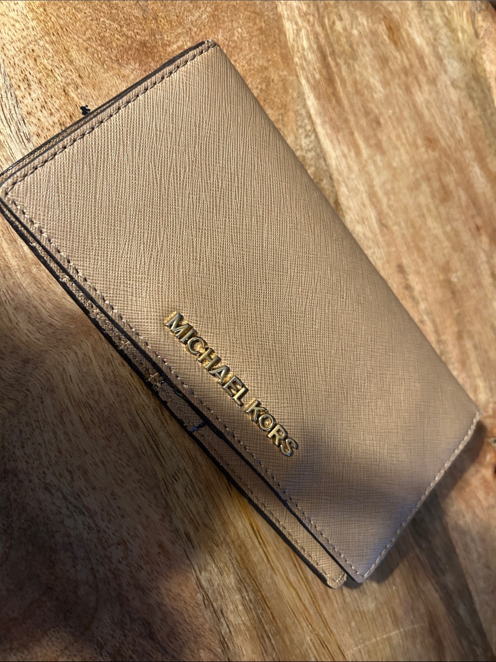 Michael Kors Beige/Tan Saffiano Trifold Wallet with Gold Logo